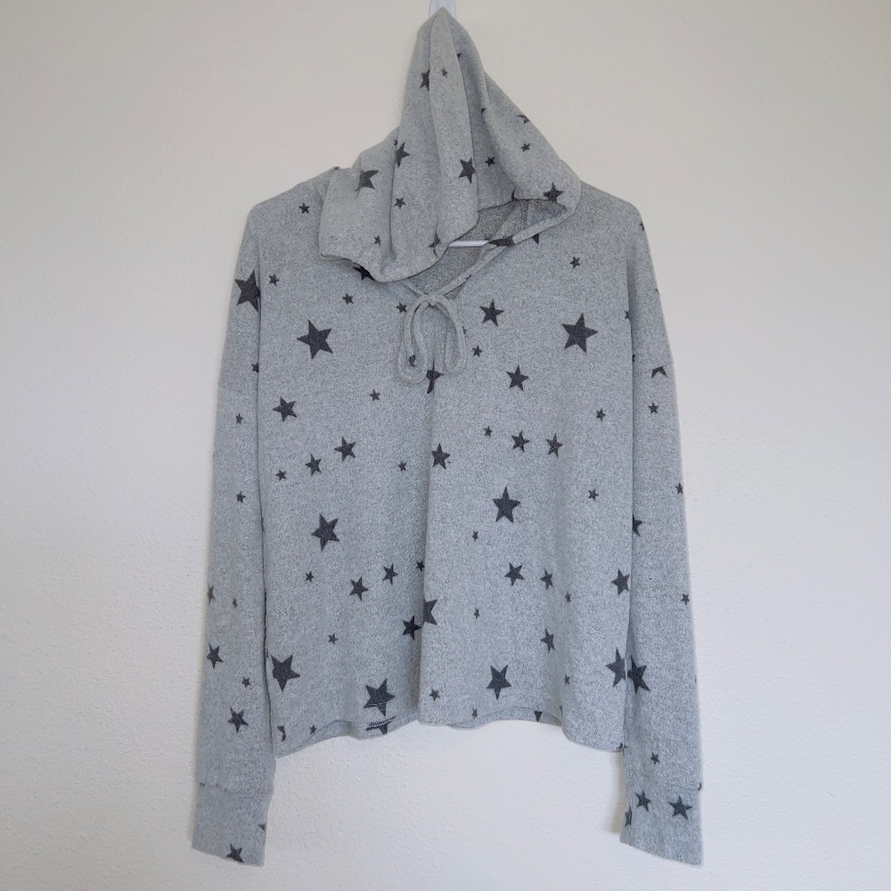 Paper Crane Gray Star Print Long Sleeve Fleece Cozy Hooded Pullover size large